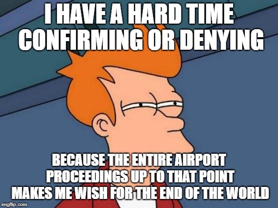 Futurama Fry Meme | I HAVE A HARD TIME CONFIRMING OR DENYING BECAUSE THE ENTIRE AIRPORT PROCEEDINGS UP TO THAT POINT MAKES ME WISH FOR THE END OF THE WORLD | image tagged in memes,futurama fry | made w/ Imgflip meme maker