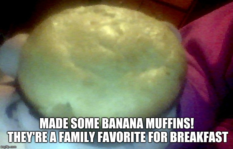 Another recipe! (in the comments) | MADE SOME BANANA MUFFINS! THEY'RE A FAMILY FAVORITE FOR BREAKFAST | image tagged in muffin,memes,food | made w/ Imgflip meme maker