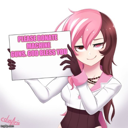 Neo's Sign | PLEASE DONATE MACHINE GUNS. GOD BLESS YOU | image tagged in rwby - neo's sign,rwby,neo | made w/ Imgflip meme maker