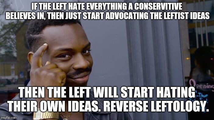 Reverse Leftology | IF THE LEFT HATE EVERYTHING A CONSERVITIVE BELIEVES IN, THEN JUST START ADVOCATING THE LEFTIST IDEAS; THEN THE LEFT WILL START HATING THEIR OWN IDEAS. REVERSE LEFTOLOGY. | image tagged in memes,roll safe think about it,leftists,funny,political,reverse | made w/ Imgflip meme maker