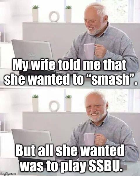 Not that type of smash... | My wife told me that she wanted to “smash”. But all she wanted was to play SSBU. | image tagged in memes,hide the pain harold,super smash bros | made w/ Imgflip meme maker