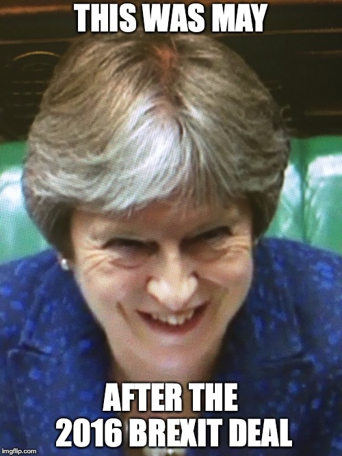 May's Evil Face | THIS WAS MAY; AFTER THE 2016 BREXIT DEAL | image tagged in theresa may,memes | made w/ Imgflip meme maker