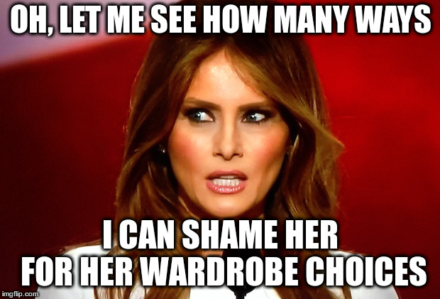 Melania trump  | OH, LET ME SEE HOW MANY WAYS I CAN SHAME HER FOR HER WARDROBE CHOICES | image tagged in melania trump | made w/ Imgflip meme maker