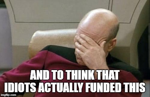 Captain Picard Facepalm Meme | AND TO THINK THAT IDIOTS ACTUALLY FUNDED THIS | image tagged in memes,captain picard facepalm | made w/ Imgflip meme maker