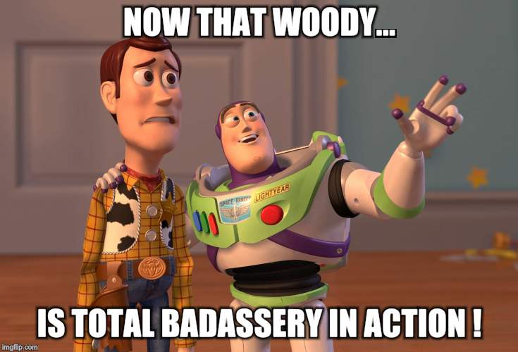 X, X Everywhere Meme | NOW THAT WOODY... IS TOTAL BADASSERY IN ACTION ! | image tagged in memes,x x everywhere | made w/ Imgflip meme maker