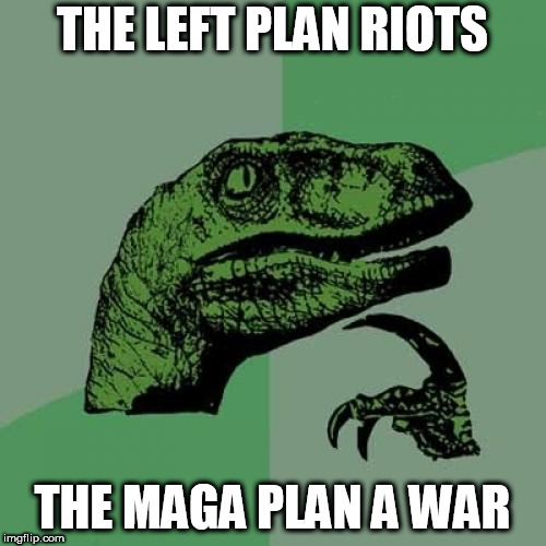 Philosoraptor Meme | THE LEFT PLAN RIOTS; THE MAGA PLAN A WAR | image tagged in memes,philosoraptor | made w/ Imgflip meme maker