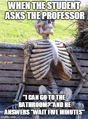 The bathroom | WHEN THE STUDENT ASKS THE PROFESSOR; "I CAN GO TO THE BATHROOM?"AND HE ANSWERS "WAIT FIVE MINUTES" | image tagged in memes,waiting skeleton | made w/ Imgflip meme maker