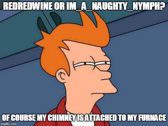Futurama Fry Meme | REDREDWINE OR IM_A_NAUGHTY_NYMPH? OF COURSE MY CHIMNEY IS ATTACHED TO MY FURNACE | image tagged in memes,futurama fry | made w/ Imgflip meme maker