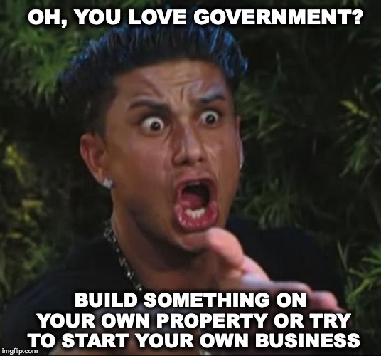I  Love The Government | OH, YOU LOVE GOVERNMENT? BUILD SOMETHING ON YOUR OWN PROPERTY OR TRY TO START YOUR OWN BUSINESS | image tagged in memes,dj pauly d,government,rules,laws,penalty | made w/ Imgflip meme maker
