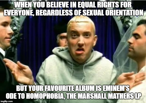 Eminem | WHEN YOU BELIEVE IN EQUAL RIGHTS FOR EVERYONE, REGARDLESS OF SEXUAL ORIENTATION; BUT YOUR FAVOURITE ALBUM IS EMINEM'S ODE TO HOMOPHOBIA, THE MARSHALL MATHERS LP | image tagged in eminem | made w/ Imgflip meme maker
