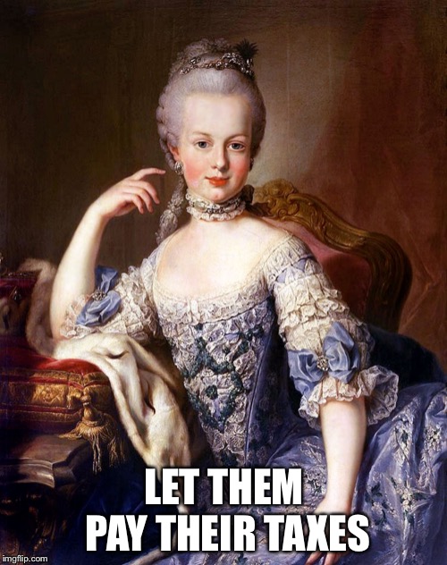 Marie Antoinette | LET THEM PAY THEIR TAXES | image tagged in marie antoinette | made w/ Imgflip meme maker