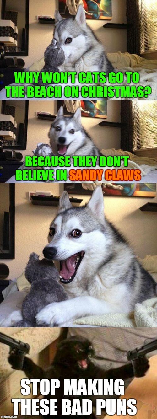 If You Ask Bad Pun Dog to Tell You Christmas Puns, Yule Be Sorry! (̶◉͛‿◉̶) | WHY WON'T CATS GO TO THE BEACH ON CHRISTMAS? BECAUSE THEY DON'T BELIEVE IN SANDY CLAWS; SANDY CLAWS; STOP MAKING THESE BAD PUNS | image tagged in bad pun dog vs cat with guns,memes,bad pun dog,cat with guns,beach,christmas | made w/ Imgflip meme maker