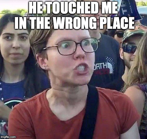 foggy | HE TOUCHED ME IN THE WRONG PLACE | image tagged in triggered feminist | made w/ Imgflip meme maker