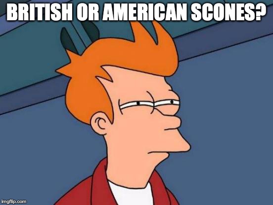 Futurama Fry Meme | BRITISH OR AMERICAN SCONES? | image tagged in memes,futurama fry | made w/ Imgflip meme maker