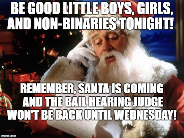 dear santa | BE GOOD LITTLE BOYS, GIRLS, AND NON-BINARIES TONIGHT! REMEMBER, SANTA IS COMING AND THE BAIL HEARING JUDGE WON'T BE BACK UNTIL WEDNESDAY! | image tagged in dear santa | made w/ Imgflip meme maker