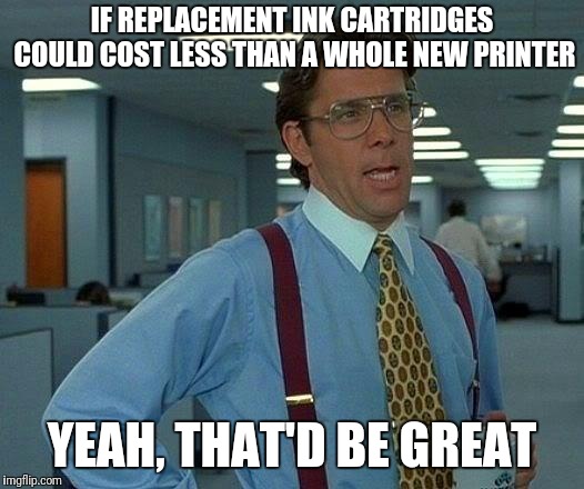 Why is printer ink so expensive? | IF REPLACEMENT INK CARTRIDGES COULD COST LESS THAN A WHOLE NEW PRINTER; YEAH, THAT'D BE GREAT | image tagged in memes,that would be great,printer,money,expensive | made w/ Imgflip meme maker