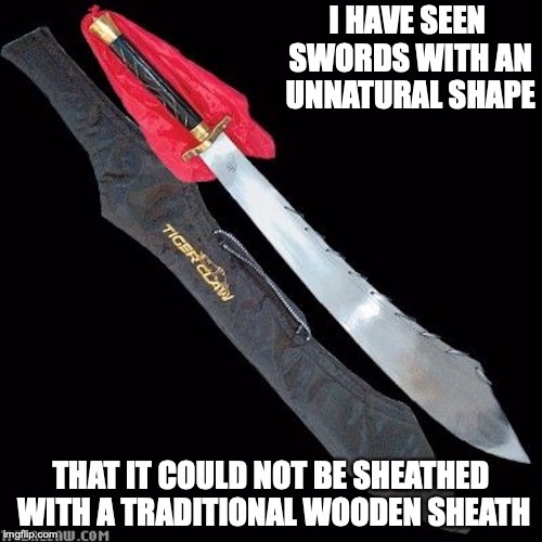 Chinese Dao | I HAVE SEEN SWORDS WITH AN UNNATURAL SHAPE; THAT IT COULD NOT BE SHEATHED WITH A TRADITIONAL WOODEN SHEATH | image tagged in weapons,memes,dao | made w/ Imgflip meme maker