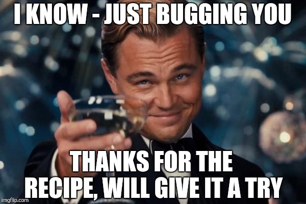 Leonardo Dicaprio Cheers Meme | I KNOW - JUST BUGGING YOU THANKS FOR THE RECIPE, WILL GIVE IT A TRY | image tagged in memes,leonardo dicaprio cheers | made w/ Imgflip meme maker