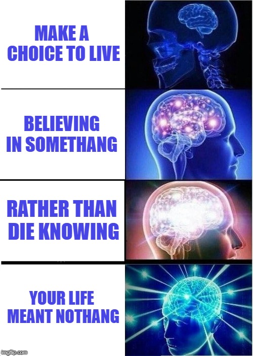 Expanding Brain | MAKE A CHOICE TO LIVE; BELIEVING IN SOMETHANG; RATHER THAN DIE KNOWING; YOUR LIFE MEANT NOTHANG | image tagged in memes,expanding brain | made w/ Imgflip meme maker