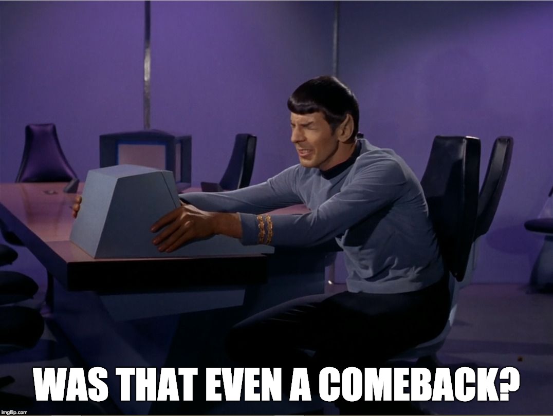 Frustrated Spock | WAS THAT EVEN A COMEBACK? | image tagged in frustrated spock | made w/ Imgflip meme maker