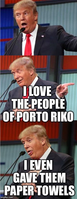 Bad Pun Trump | I LOVE THE PEOPLE OF PORTO RIKO; I EVEN GAVE THEM PAPER TOWELS | image tagged in bad pun trump | made w/ Imgflip meme maker