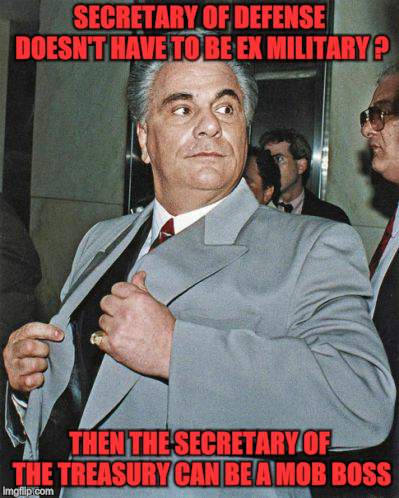 Gotti missed his calling | SECRETARY OF DEFENSE DOESN'T HAVE TO BE EX MILITARY ? THEN THE SECRETARY OF THE TREASURY CAN BE A MOB BOSS | image tagged in memes,trump cabinet,mafia don,politics | made w/ Imgflip meme maker