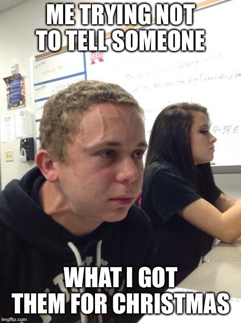 Holding it in | ME TRYING NOT TO TELL SOMEONE; WHAT I GOT THEM FOR CHRISTMAS | image tagged in holding it in | made w/ Imgflip meme maker