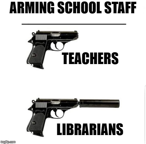proper weapon | ARMING SCHOOL STAFF; TEACHERS; LIBRARIANS | image tagged in pistols,silencer | made w/ Imgflip meme maker