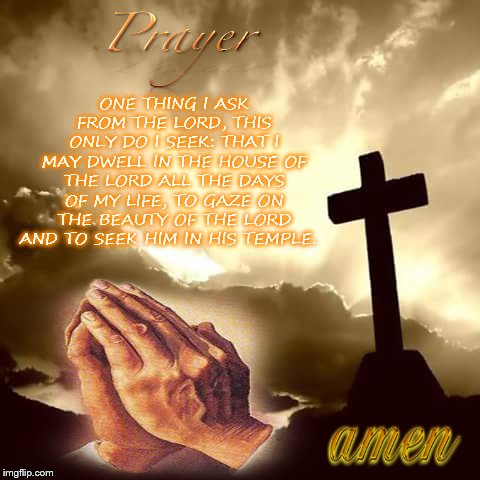 prayer | ONE THING I ASK FROM THE LORD, THIS ONLY DO I SEEK: THAT I MAY DWELL IN THE HOUSE OF THE LORD ALL THE DAYS OF MY LIFE, TO GAZE ON THE BEAUTY OF THE LORD AND TO SEEK HIM IN HIS TEMPLE. | image tagged in thoughts and prayers,prayers,prayer,meme,memes,jesus says | made w/ Imgflip meme maker