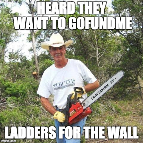 Chainsaw | HEARD THEY WANT TO GOFUNDME; LADDERS FOR THE WALL | image tagged in chainsaw | made w/ Imgflip meme maker