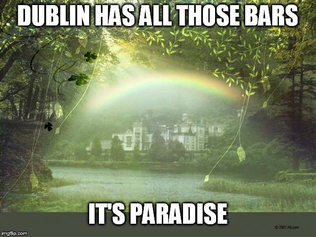 Irish Birthday Wish | DUBLIN HAS ALL THOSE BARS IT'S PARADISE | image tagged in irish birthday wish | made w/ Imgflip meme maker
