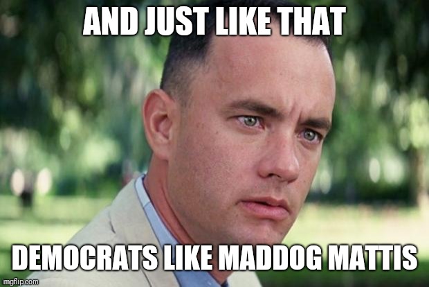 Maddog | AND JUST LIKE THAT; DEMOCRATS LIKE MADDOG MATTIS | image tagged in forrest gump,democrats,political | made w/ Imgflip meme maker