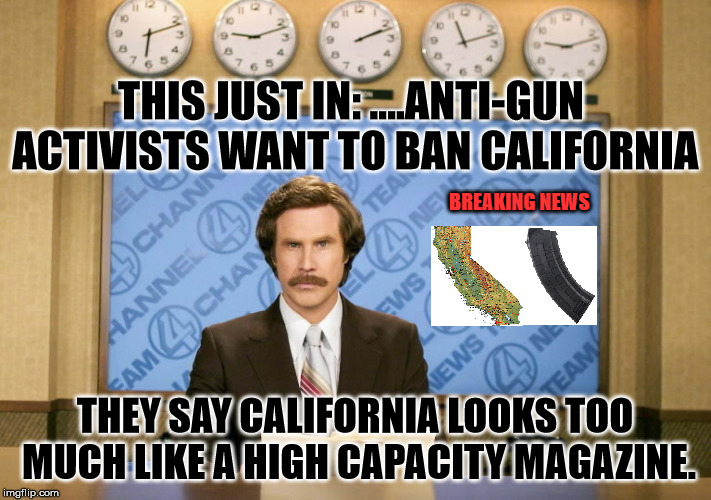 It ain't the stupidest thing I have heard from them. Well maybe. | THIS JUST IN: ....ANTI-GUN ACTIVISTS WANT TO BAN CALIFORNIA; BREAKING NEWS; THEY SAY CALIFORNIA LOOKS TOO MUCH LIKE A HIGH CAPACITY MAGAZINE. | image tagged in this just in | made w/ Imgflip meme maker