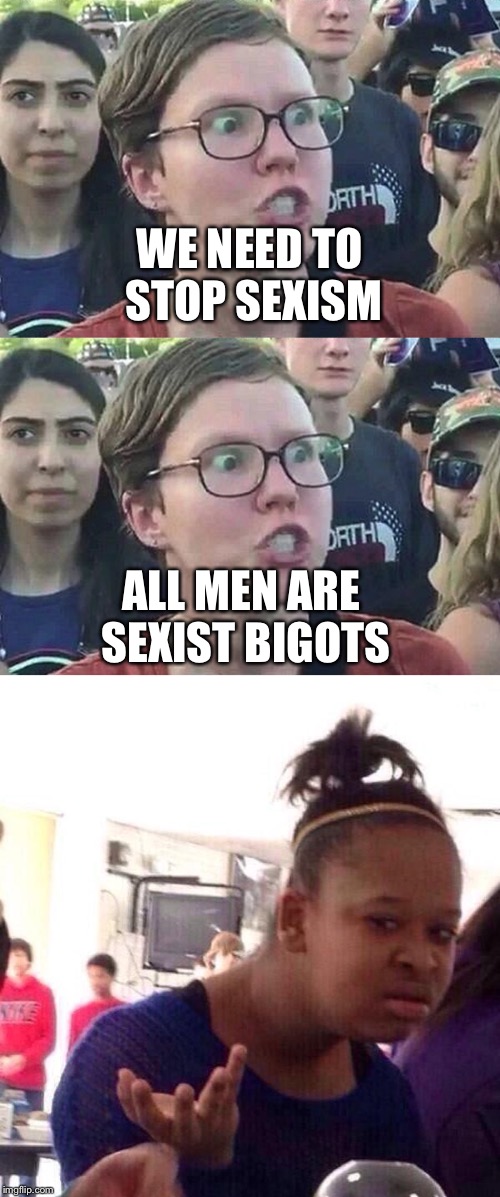  WE NEED TO STOP SEXISM; ALL MEN ARE SEXIST BIGOTS | image tagged in memes,black girl wat,triggered liberal | made w/ Imgflip meme maker