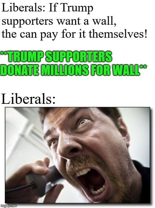 That's right. | Liberals: If Trump supporters want a wall, the can pay for it themselves! **TRUMP SUPPORTERS DONATE MILLIONS FOR WALL**; Liberals: | image tagged in memes,shouter,liberal logic,stupid liberals,liberal hypocrisy,triggered liberal | made w/ Imgflip meme maker