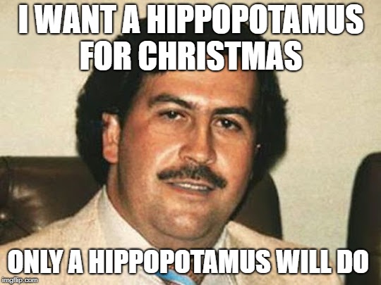 Pablo Escobar | I WANT A HIPPOPOTAMUS FOR CHRISTMAS; ONLY A HIPPOPOTAMUS WILL DO | image tagged in pablo escobar | made w/ Imgflip meme maker