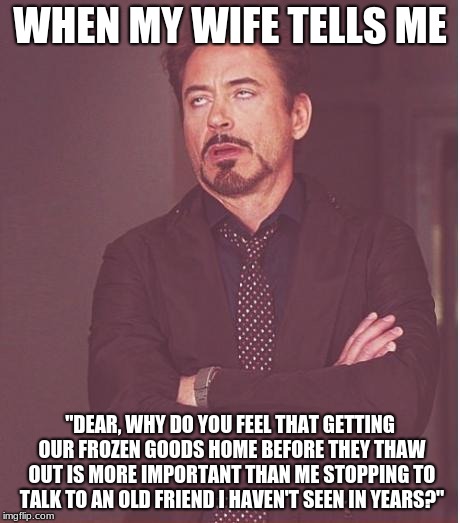 Not a true story, of course.  | WHEN MY WIFE TELLS ME; "DEAR, WHY DO YOU FEEL THAT GETTING OUR FROZEN GOODS HOME BEFORE THEY THAW OUT IS MORE IMPORTANT THAN ME STOPPING TO TALK TO AN OLD FRIEND I HAVEN'T SEEN IN YEARS?" | image tagged in memes,face you make robert downey jr,wife,groceries,fml | made w/ Imgflip meme maker