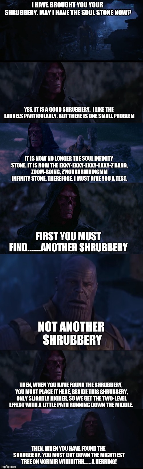 Thanos and the Infinity Grail- The Soul Stone continued  | I HAVE BROUGHT YOU YOUR SHRUBBERY. MAY I HAVE THE SOUL STONE NOW? YES, IT IS A GOOD SHRUBBERY.  I LIKE THE LAURELS PARTICULARLY. BUT THERE IS ONE SMALL PROBLEM; IT IS NOW NO LONGER THE SOUL INFINITY STONE. IT IS NOW THE EKKY-EKKY-EKKY-EKKY-Z'BANG, ZOOM-BOING, Z'NOURRRWRINGMM INFINITY STONE. THEREFORE, I MUST GIVE YOU A TEST. FIRST YOU MUST FIND.......ANOTHER SHRUBBERY; NOT ANOTHER SHRUBBERY; THEN, WHEN YOU HAVE FOUND THE SHRUBBERY, YOU MUST PLACE IT HERE, BESIDE THIS SHRUBBERY, ONLY SLIGHTLY HIGHER, SO WE GET THE TWO-LEVEL EFFECT WITH A LITTLE PATH RUNNING DOWN THE MIDDLE. THEN, WHEN YOU HAVE FOUND THE SHRUBBERY. YOU MUST CUT DOWN THE MIGHTIEST TREE ON VORMIR WIIIIIIITHH...... A HERRING! | image tagged in thanos,avengers infinity war,monty python and the holy grail,marvel,marvel comics,monty python | made w/ Imgflip meme maker