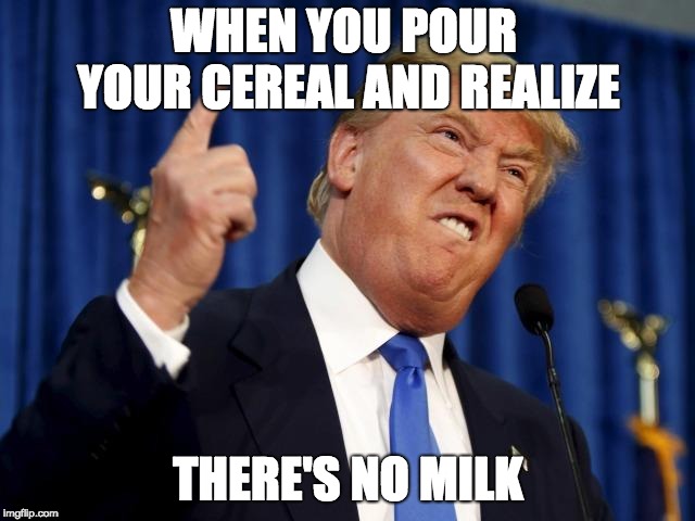 Donald Trump F You | WHEN YOU POUR YOUR CEREAL AND REALIZE; THERE'S NO MILK | image tagged in donald trump f you | made w/ Imgflip meme maker