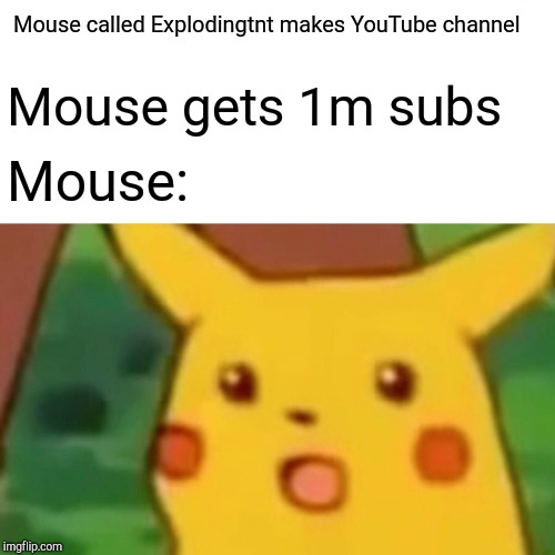 Surprised Pikachu Meme | Mouse called Explodingtnt makes YouTube channel; Mouse gets 1m subs; Mouse: | image tagged in memes,surprised pikachu | made w/ Imgflip meme maker