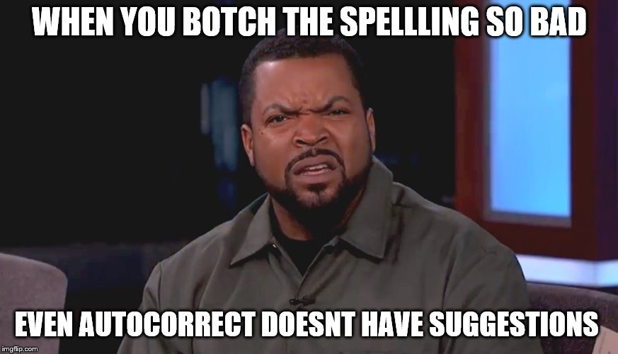 Really? Ice Cube | WHEN YOU BOTCH THE SPELLLING SO BAD; EVEN AUTOCORRECT DOESNT HAVE SUGGESTIONS | image tagged in really ice cube,typo,grammar nazi | made w/ Imgflip meme maker