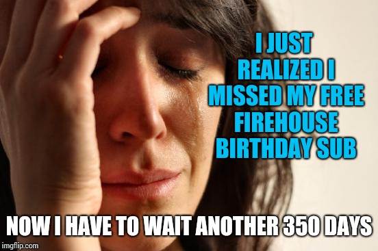 First World Problems | I JUST REALIZED I MISSED MY FREE FIREHOUSE BIRTHDAY SUB; NOW I HAVE TO WAIT ANOTHER 350 DAYS | image tagged in memes,first world problems | made w/ Imgflip meme maker