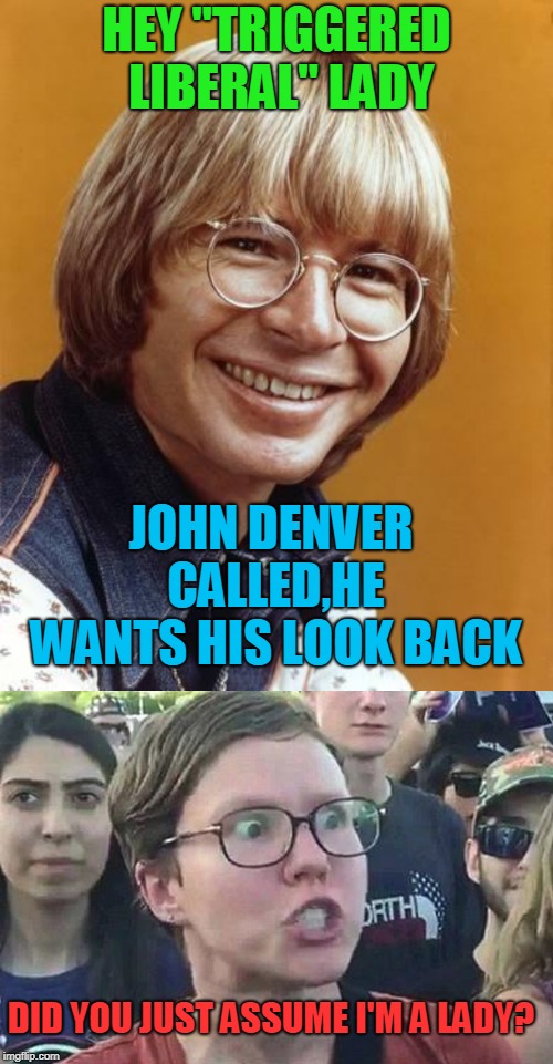 HEY "TRIGGERED LIBERAL" LADY; JOHN DENVER CALLED,HE WANTS HIS LOOK BACK; DID YOU JUST ASSUME I'M A LADY? | image tagged in john denver,triggered liberal,that look | made w/ Imgflip meme maker