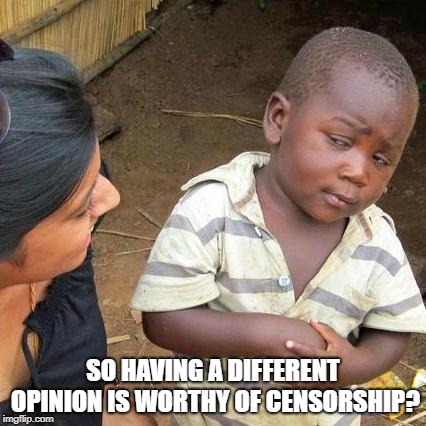Third World Skeptical Kid Meme | SO HAVING A DIFFERENT OPINION IS WORTHY OF CENSORSHIP? | image tagged in memes,third world skeptical kid | made w/ Imgflip meme maker