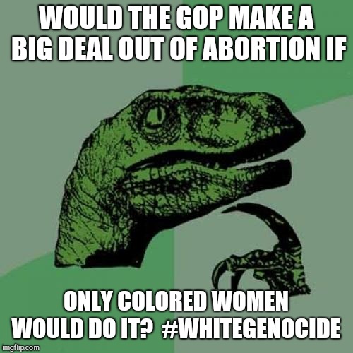 Philosoraptor | WOULD THE GOP MAKE A BIG DEAL OUT OF ABORTION IF; ONLY COLORED WOMEN WOULD DO IT?  #WHITEGENOCIDE | image tagged in memes,philosoraptor | made w/ Imgflip meme maker