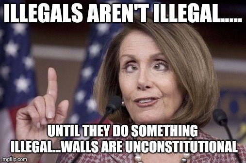 Nancy pelosi | ILLEGALS AREN'T ILLEGAL..... UNTIL THEY DO SOMETHING ILLEGAL...WALLS ARE UNCONSTITUTIONAL | image tagged in nancy pelosi | made w/ Imgflip meme maker