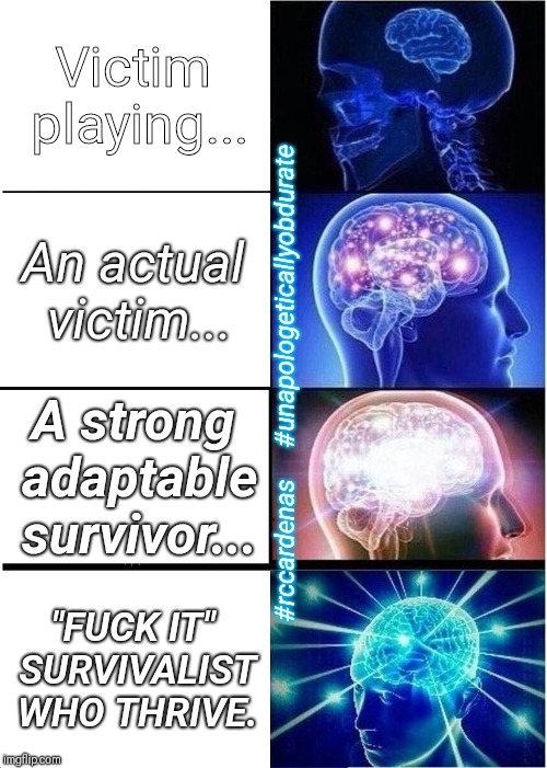 Playing The Victim  | Victim playing... An actual victim... #rccardenas  
  #unapologeticallyobdurate; A strong adaptable survivor... "FUCK IT" SURVIVALIST WHO THRIVE. | image tagged in memes,expanding brain,victim,survivor,strength,fuck it | made w/ Imgflip meme maker