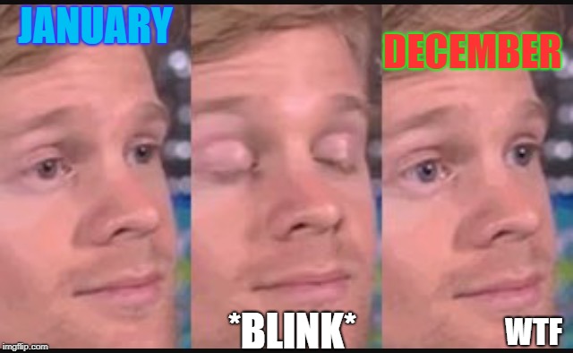 Blinking guy | JANUARY; DECEMBER; *BLINK*; WTF | image tagged in blinking guy | made w/ Imgflip meme maker