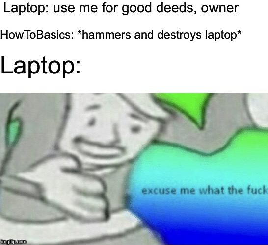 Excuse me wtf blank template | Laptop: use me for good deeds, owner; HowToBasics: *hammers and destroys laptop*; Laptop: | image tagged in excuse me wtf blank template | made w/ Imgflip meme maker