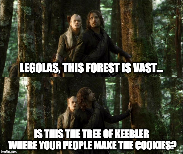 keebler elf | LEGOLAS, THIS FOREST IS VAST... IS THIS THE TREE OF KEEBLER WHERE YOUR PEOPLE MAKE THE COOKIES? | image tagged in lord of the rings | made w/ Imgflip meme maker